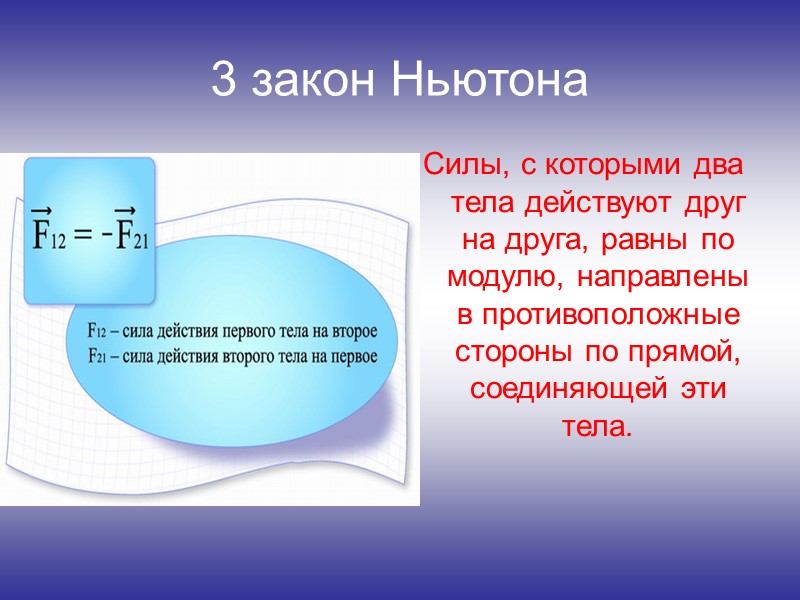 3 закон Ньютона Силы, с которыми два тела действуют друг на друга, равны по